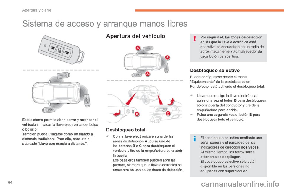 CITROEN C4 AIRCROSS 2013  Manuales de Empleo (in Spanish) 64
Apertura y cierre
   
 
 
 
 
 
 
 
 
 
 
 
 
 
 
 
 
 
 
 
 
 
 
Sistema de acceso y arranque manos libres 
 
 Desbloqueo selectivo 
 
Puede configurarse desde el menú"Equipamiento" de la pantall