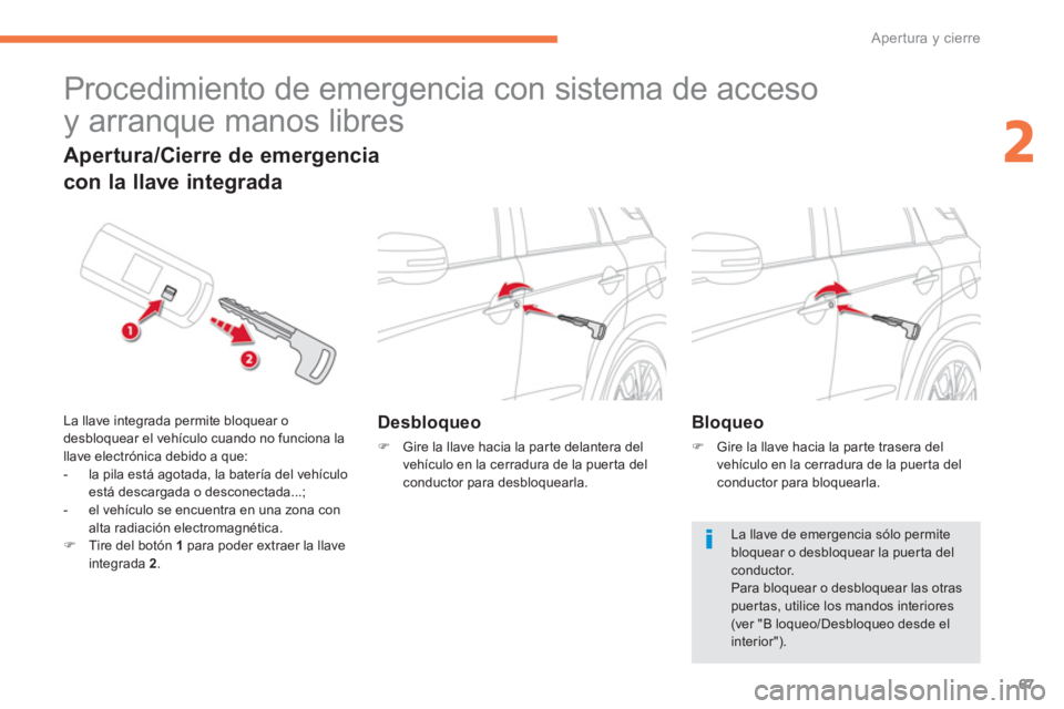 CITROEN C4 AIRCROSS 2013  Manuales de Empleo (in Spanish) 67
2
Apertura y cierre
   
 
 
 
 
Procedimiento de emergencia con sistema de acceso 
y arranque manos libres 
   
 
Desbloqueo 
 
 
 
�) 
  Gire la llave hacia la parte delantera del 
vehículo en la