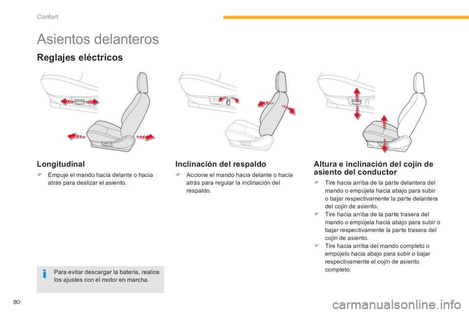 CITROEN C4 AIRCROSS 2013  Manuales de Empleo (in Spanish) 80
Confort
   
 
 
 
 
 
 
 
 
 
 
Asientos delanteros 
Reglajes eléctricos
Longitudinal 
�)Empuje el mando hacia delante o haciaatrás para deslizar el asiento.
 
 
Inclinación del respaldo 
�) 
 A