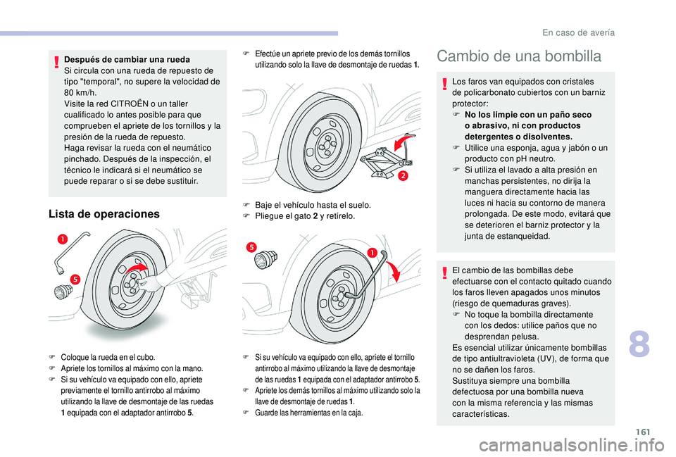 CITROEN C4 CACTUS 2019 Manuales de Empleo (in Spanish) 161
Después de cambiar una rueda
Si circula con una rueda de repuesto de
tipo "temporal", no supere la velocidad de
80
km/h.
Visite la red CITROËN o un taller
cualificado lo antes posib CITROEN C4 CACTUS 2019 Manuales de Empleo (in Spanish) 161
Después de cambiar una rueda
Si circula con una rueda de repuesto de
tipo "temporal", no supere la velocidad de
80
km/h.
Visite la red CITROËN o un taller
cualificado lo antes posib