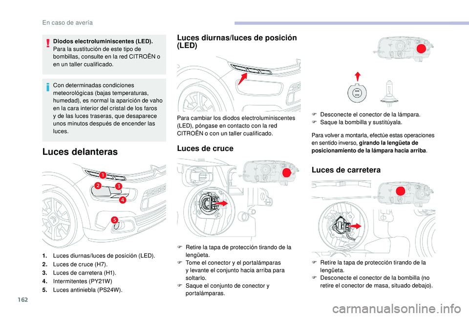 CITROEN C4 CACTUS 2019 Manuales de Empleo (in Spanish) 162
Diodos electroluminiscentes (LED).
Para la sustitución de este tipo de
bombillas, consulte en la red CITROËN o
en un taller cualificado.
Con determinadas condiciones
meteorológicas (bajas te CITROEN C4 CACTUS 2019 Manuales de Empleo (in Spanish) 162
Diodos electroluminiscentes (LED).
Para la sustitución de este tipo de
bombillas, consulte en la red CITROËN o
en un taller cualificado.
Con determinadas condiciones
meteorológicas (bajas te