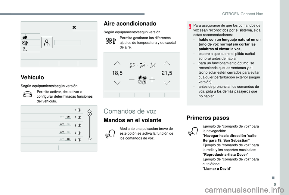 CITROEN C4 CACTUS 2019  Manuales de Empleo (in Spanish) 5
21,518,5Vehículo
Según equipamiento/según versión.Permite activar, desactivar o 
configurar determinadas funciones 
del vehículo.
Aire acondicionado
Según equipamiento/según versión.Permite 