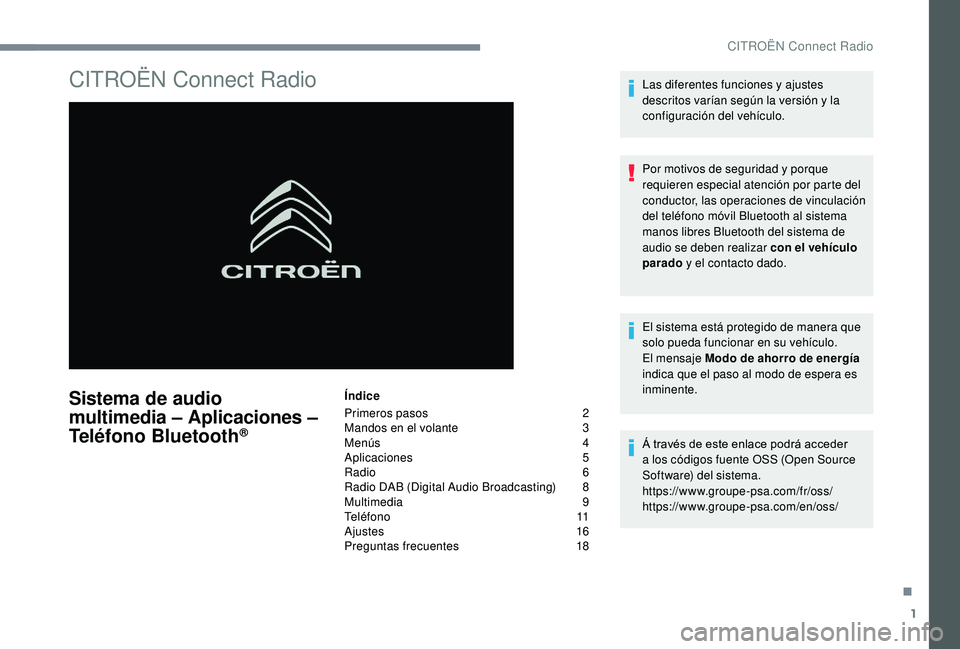 CITROEN C4 CACTUS 2019  Manuales de Empleo (in Spanish) 1
CITROËN Connect Radio
Sistema de audio 
multimedia – Aplicaciones – 
Teléfono Bluetooth
®
Índice
Primeros pasos  
2
M

andos en el volante   
3
M

enús   
4
A

plicaciones   
5
R

adio   
6