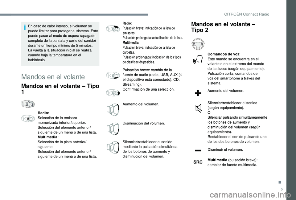 CITROEN C4 CACTUS 2019  Manuales de Empleo (in Spanish) 3
En caso de calor intenso, el volumen se 
puede limitar para proteger el sistema. Este 
puede pasar al modo de espera (apagado 
completo de la pantalla y corte del sonido) 
durante un tiempo mínimo 