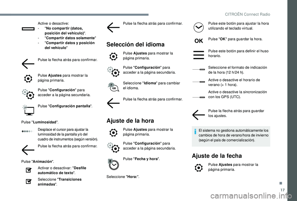 CITROEN C4 CACTUS 2019  Manuales de Empleo (in Spanish) 17
Active o desactive:
-  "No compar tir (datos, 
posición del vehículo) ".
-
  "Compartir datos solamente "
-
  "Compartir datos y posición 
del vehículo "
Pulse la flecha