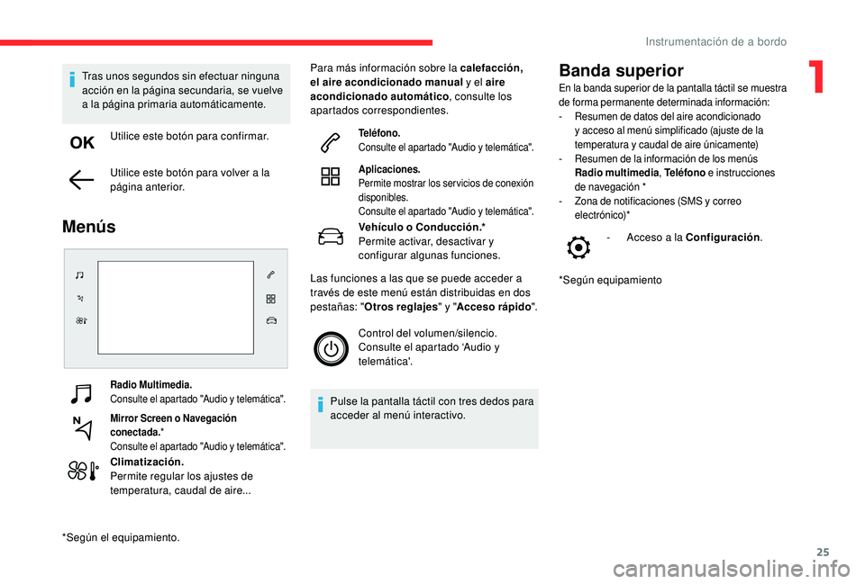 CITROEN C4 CACTUS 2019  Manuales de Empleo (in Spanish) 25
Radio Multimedia.
Consulte el apartado "Audio y telemática".
Mirror Screen o Navegación 
conectada.*
Consulte el apartado "Audio y telemática".
Climatización.
Permite regular lo
