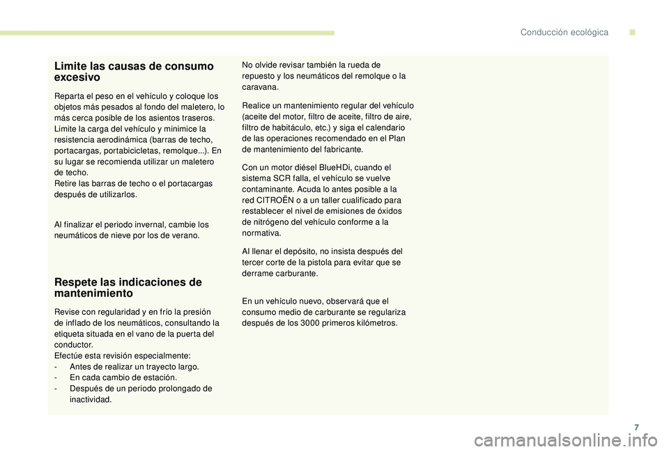 CITROEN C4 CACTUS 2019 Manuales de Empleo (in Spanish) 7
Limite las causas de consumo
excesivo
Reparta el peso en el vehículo y coloque los
objetos más pesados al fondo del maletero, lo
más cerca posible de los asientos traseros.
Limite la carga del CITROEN C4 CACTUS 2019 Manuales de Empleo (in Spanish) 7
Limite las causas de consumo
excesivo
Reparta el peso en el vehículo y coloque los
objetos más pesados al fondo del maletero, lo
más cerca posible de los asientos traseros.
Limite la carga del