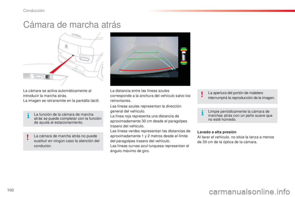 CITROEN C4 CACTUS 2015 Manuales de Empleo (in Spanish) 102
C4_cactus_es_Chap05_conduite_ed02-2014
Cámara de marcha atrás
limpie periódicamente la cámara de
marchas atrás con un paño suave que
no esté húmedo.
la c
ámara se activa automáticamen CITROEN C4 CACTUS 2015 Manuales de Empleo (in Spanish) 102
C4_cactus_es_Chap05_conduite_ed02-2014
Cámara de marcha atrás
limpie periódicamente la cámara de
marchas atrás con un paño suave que
no esté húmedo.
la c
ámara se activa automáticamen