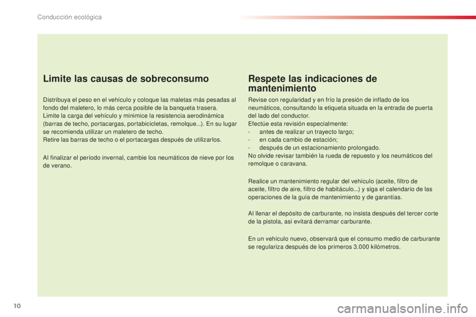 CITROEN C4 CACTUS 2015 Manuales de Empleo (in Spanish) 10
C4_cactus_es_Chap00c_eco-conduite_ed02-2014
Limite las causas de sobreconsumo
distribuya el peso en el vehículo y coloque las maletas más pesadas al
fondo del maletero, lo más cerca posible de CITROEN C4 CACTUS 2015 Manuales de Empleo (in Spanish) 10
C4_cactus_es_Chap00c_eco-conduite_ed02-2014
Limite las causas de sobreconsumo
distribuya el peso en el vehículo y coloque las maletas más pesadas al
fondo del maletero, lo más cerca posible de