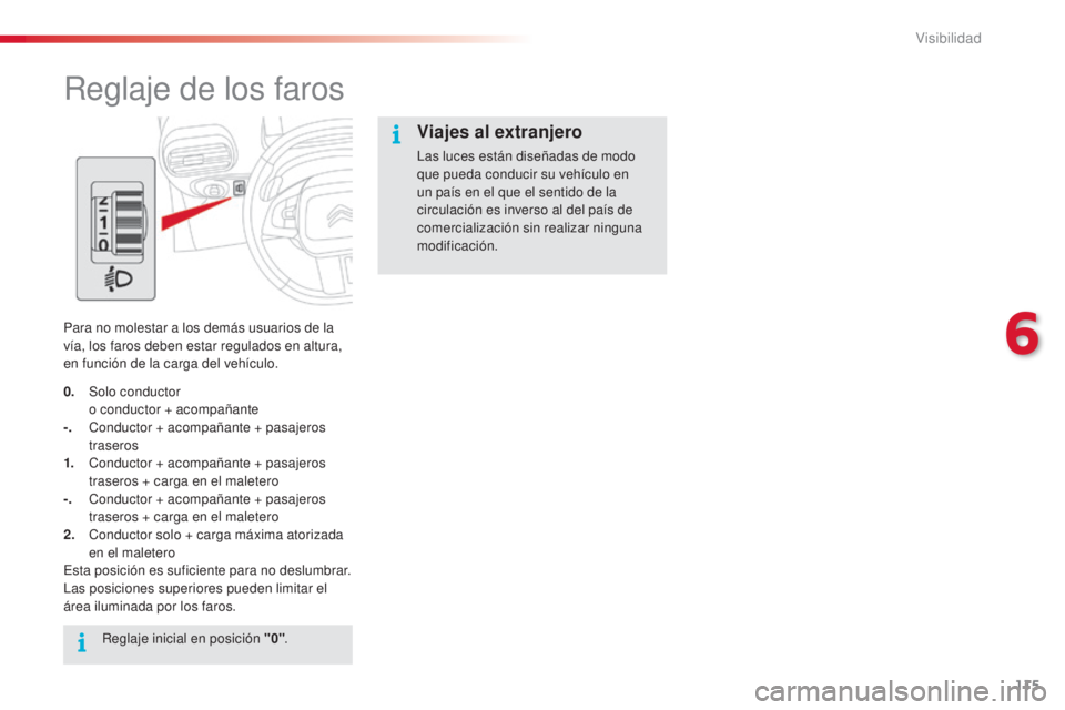 CITROEN C4 CACTUS 2015  Manuales de Empleo (in Spanish) 115
C4_cactus_es_Chap06_visibilite_ed02-2014
Reglaje de los faros
Para no molestar a los demás usuarios de la 
vía, los faros deben estar regulados en altura, 
en función de la carga del vehículo.