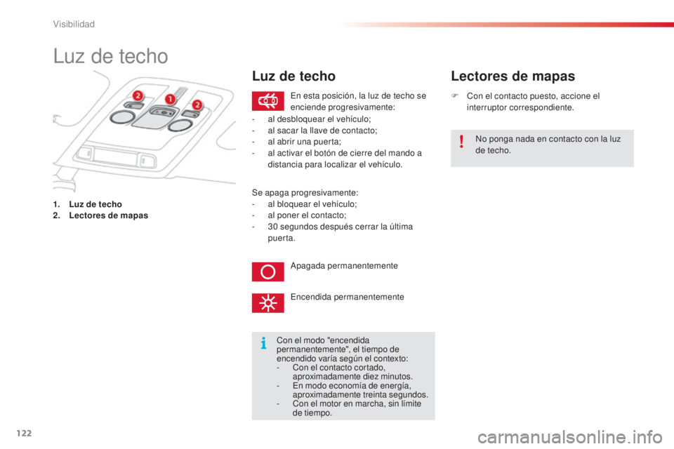 CITROEN C4 CACTUS 2015  Manuales de Empleo (in Spanish) 122
C4_cactus_es_Chap06_visibilite_ed02-2014
luz de techo
1. Luz de techo
2. Lectores de mapas F
 
C
 on el contacto puesto, accione el 
interruptor correspondiente.
Lectores de mapas
Con el modo "