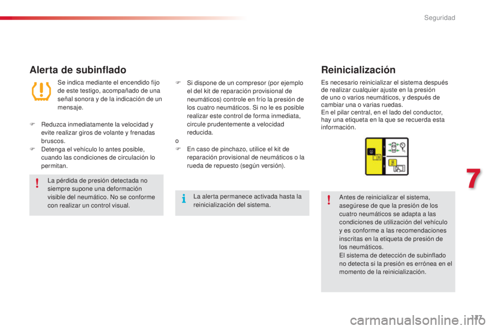 CITROEN C4 CACTUS 2015 Manuales de Empleo (in Spanish) 127
C4_cactus_es_Chap07_securite_ed02-2014
Alerta de subinfladoReinicialización
antes de reinicializar el sistema,
asegúrese de que la presión de los
cuatro neumáticos se adapta a las
condicion CITROEN C4 CACTUS 2015 Manuales de Empleo (in Spanish) 127
C4_cactus_es_Chap07_securite_ed02-2014
Alerta de subinfladoReinicialización
antes de reinicializar el sistema,
asegúrese de que la presión de los
cuatro neumáticos se adapta a las
condicion
