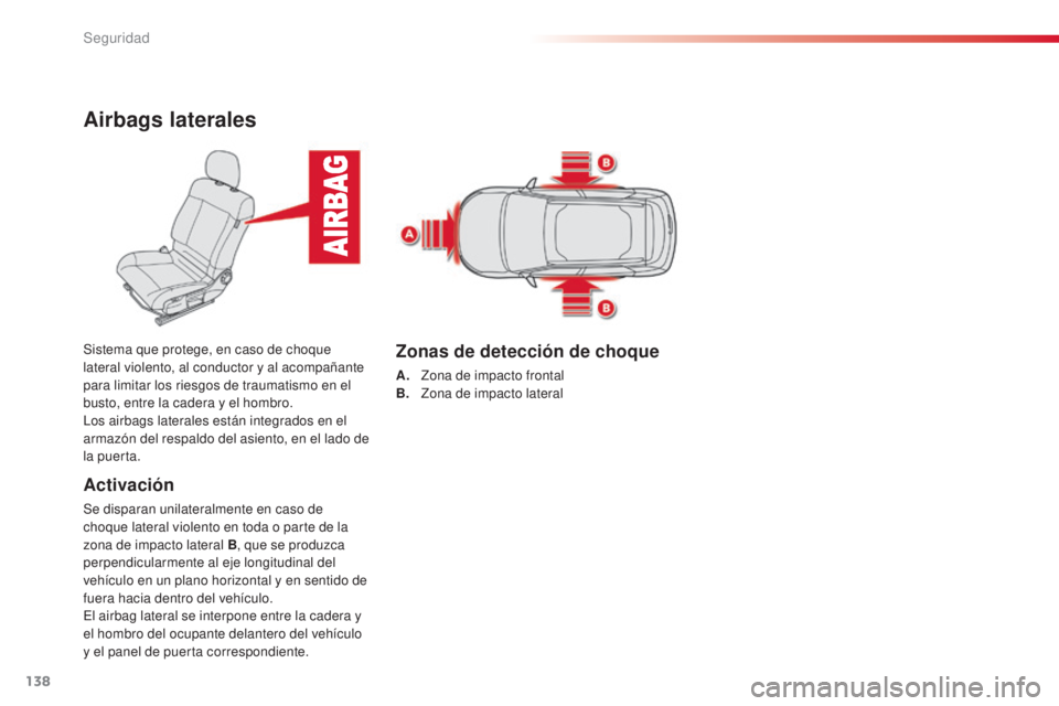 CITROEN C4 CACTUS 2015  Manuales de Empleo (in Spanish) 138
C4_cactus_es_Chap07_securite_ed02-2014
Airbags laterales
Activación
Se disparan unilateralmente en caso de 
choque lateral violento en toda o parte de la 
zona de impacto lateral B, que se produz