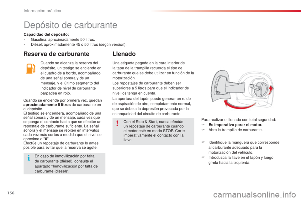 CITROEN C4 CACTUS 2015  Manuales de Empleo (in Spanish) 156
C4_cactus_es_Chap09_info-pratiques_ed02-2014
depósito de carburante
Capacidad del depósito:
- Gasolina: aproximadamente 50  litros.
-
  d
i
 ésel: aproximadamente 45   o 50   litros (según ver