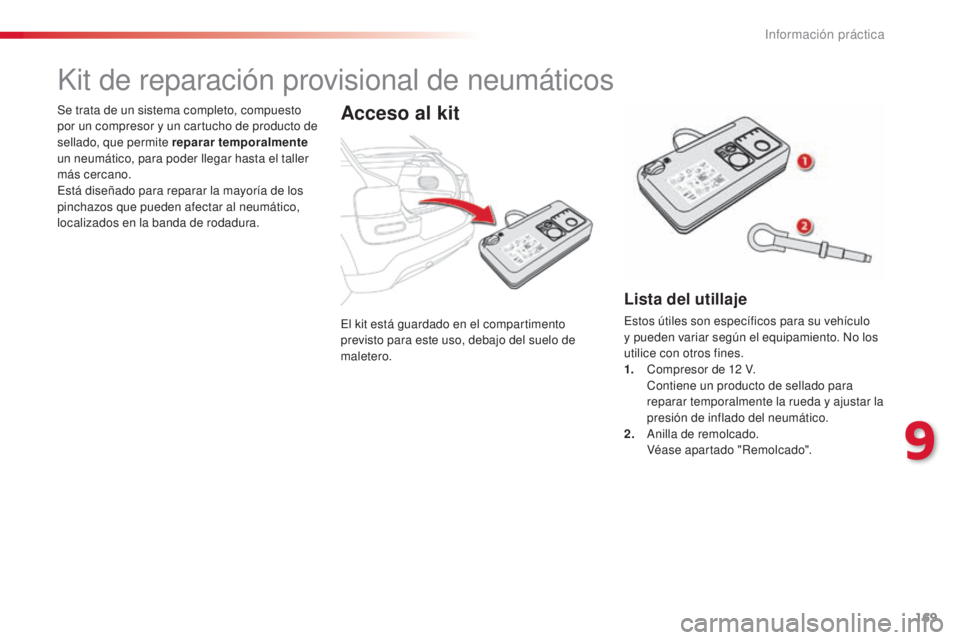 CITROEN C4 CACTUS 2015  Manuales de Empleo (in Spanish) 169
C4_cactus_es_Chap09_info-pratiques_ed02-2014
el kit está guardado en el compartimento 
previsto para este uso, debajo del suelo de 
maletero.
Se trata de un sistema completo, compuesto 
por un co