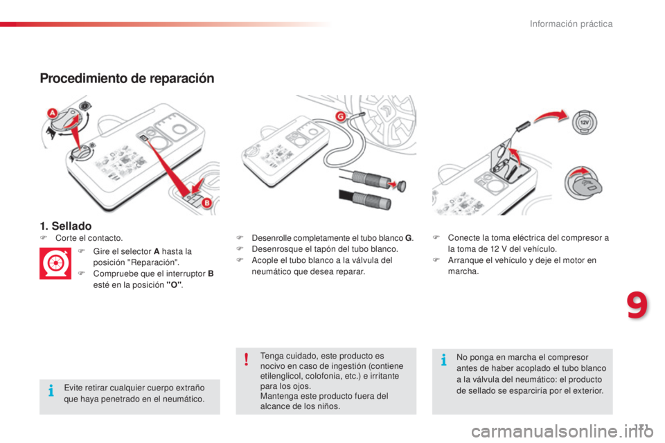 CITROEN C4 CACTUS 2015  Manuales de Empleo (in Spanish) 171
C4_cactus_es_Chap09_info-pratiques_ed02-2014
1. Sellado
Procedimiento de reparación
evite retirar cualquier cuerpo extraño 
que haya penetrado en el neumático.F
 

d
e
 senrolle completamente e