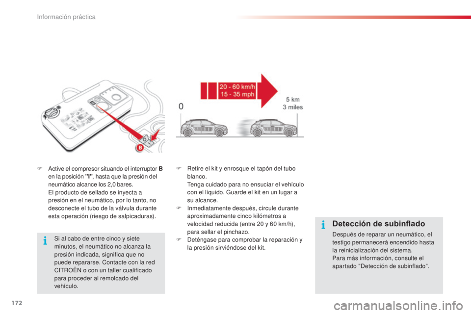 CITROEN C4 CACTUS 2015 Manuales de Empleo (in Spanish) 172
C4_cactus_es_Chap09_info-pratiques_ed02-2014
F active el compresor situando el interruptor B en la posición "I" , hasta que la presión del
neumático alcance los 2,0
bares.
e
l p
CITROEN C4 CACTUS 2015 Manuales de Empleo (in Spanish) 172
C4_cactus_es_Chap09_info-pratiques_ed02-2014
F active el compresor situando el interruptor B en la posición "I" , hasta que la presión del
neumático alcance los 2,0
bares.
e
l p