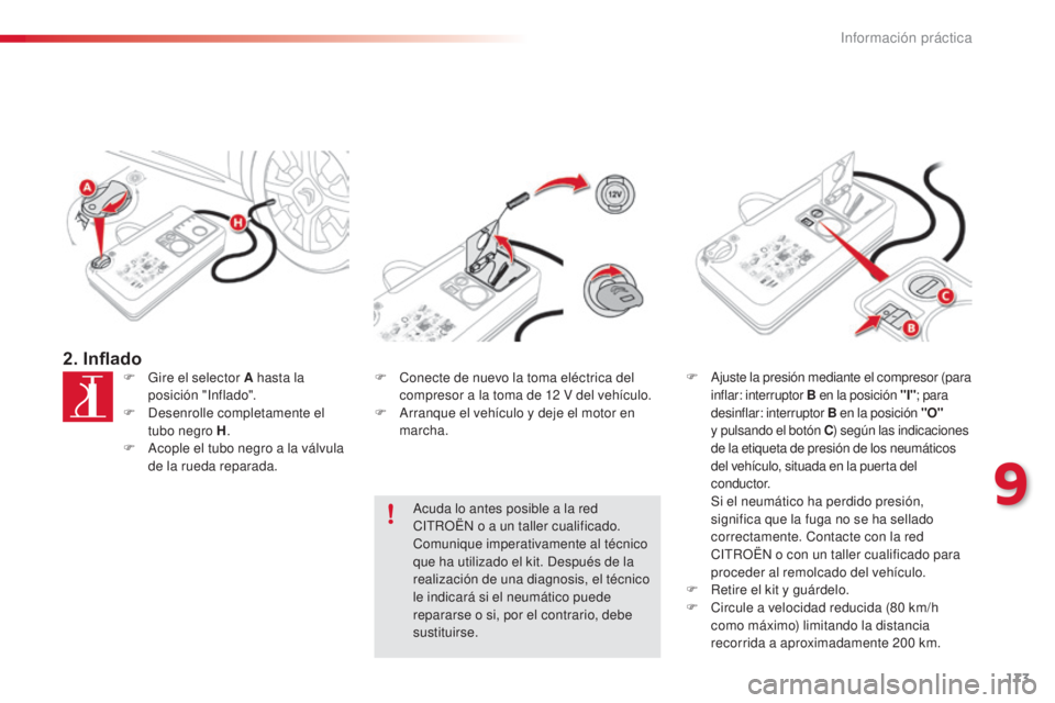CITROEN C4 CACTUS 2015 Manuales de Empleo (in Spanish) 173
C4_cactus_es_Chap09_info-pratiques_ed02-2014
2. InfladoF Gire el selector A hasta la posición "in flado".
F
d
e
senrolle completamente el
tubo negro H .
F
a
c
ople el tubo negro a CITROEN C4 CACTUS 2015 Manuales de Empleo (in Spanish) 173
C4_cactus_es_Chap09_info-pratiques_ed02-2014
2. InfladoF Gire el selector A hasta la posición "in flado".
F
d
e
senrolle completamente el
tubo negro H .
F
a
c
ople el tubo negro a