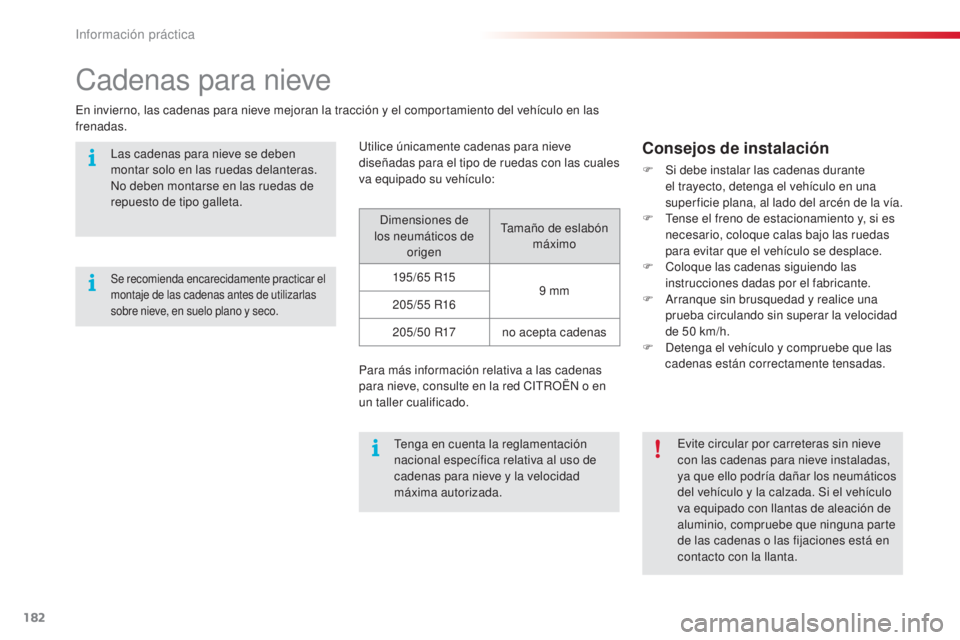 CITROEN C4 CACTUS 2015  Manuales de Empleo (in Spanish) 182
C4_cactus_es_Chap09_info-pratiques_ed02-2014
Cadenas para nieve
en invierno, las cadenas para nieve mejoran la tracción y el comportamiento del vehículo en las 
frenadas.
ut
ilice únicamente ca