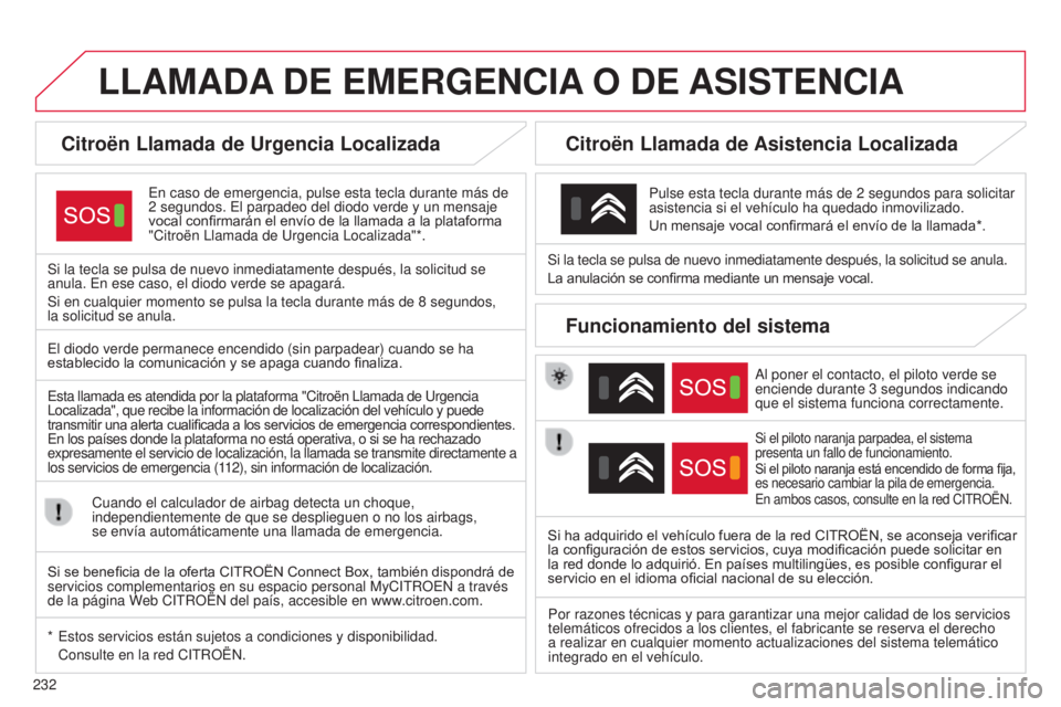 CITROEN C4 CACTUS 2015  Manuales de Empleo (in Spanish) 232
C4_Cactus_es_Chap12a_Bta_ed02-2014
LLAMADA DE   EMERGENCIA  O   DE  ASISTENCIA
Citroën Llamada de Urgencia Localizada
en caso de emergencia, pulse esta tecla durante más de 
2   segundos.  e l p