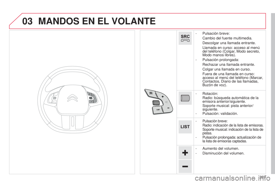 CITROEN C4 CACTUS 2015  Manuales de Empleo (in Spanish) 03
237
C4_Cactus_es_Chap12b_SMeGplus_ed02-2014
MANDOS EN EL VOLANTE
- Pulsación breve:
 Cambio del fuente multimedia.
 

d escolgar una llamada entrante.
 

l lamada en curso: acceso al menú 
del te