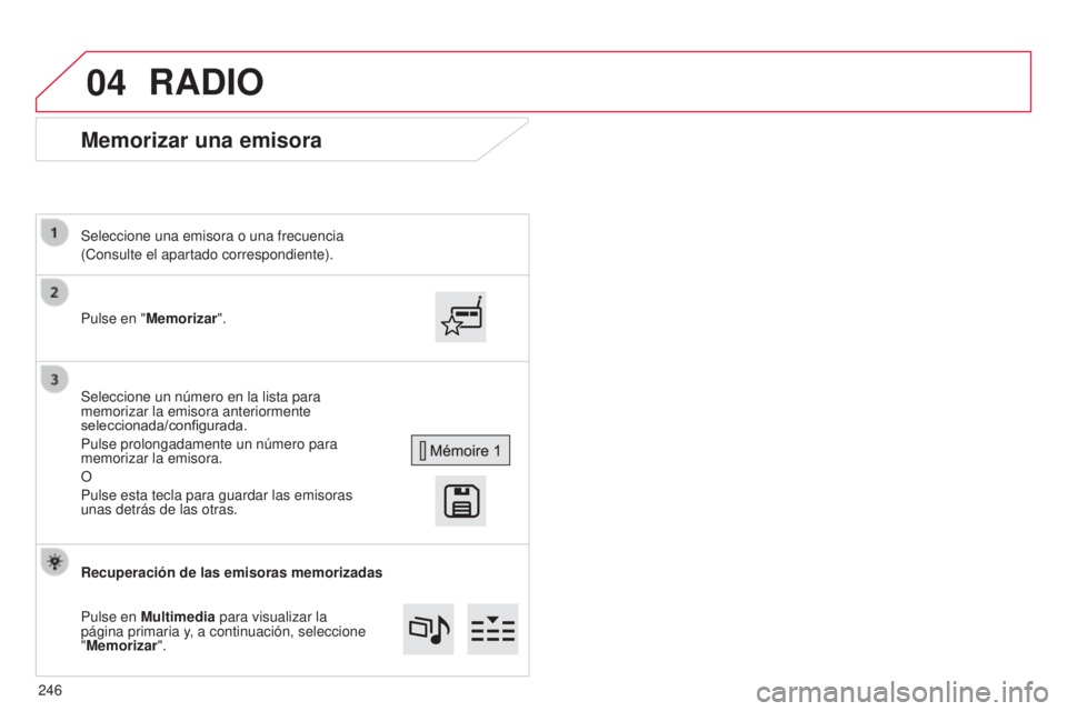 CITROEN C4 CACTUS 2015  Manuales de Empleo (in Spanish) 04
C4_Cactus_es_Chap12b_SMeGplus_ed02-2014
Memorizar una emisora
Pulse en "Memorizar". Seleccione una emisora o una frecuencia
(Consulte el apartado correspondiente).
Seleccione un número en 