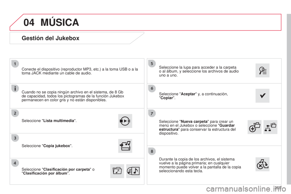 CITROEN C4 CACTUS 2015  Manuales de Empleo (in Spanish) 04
255
C4_Cactus_es_Chap12b_SMeGplus_ed02-2014
Seleccione "Nueva carpeta " para crear un 
menú en el Jukebox o seleccione " Guardar 
estructura " para conservar la estructura del 
dis