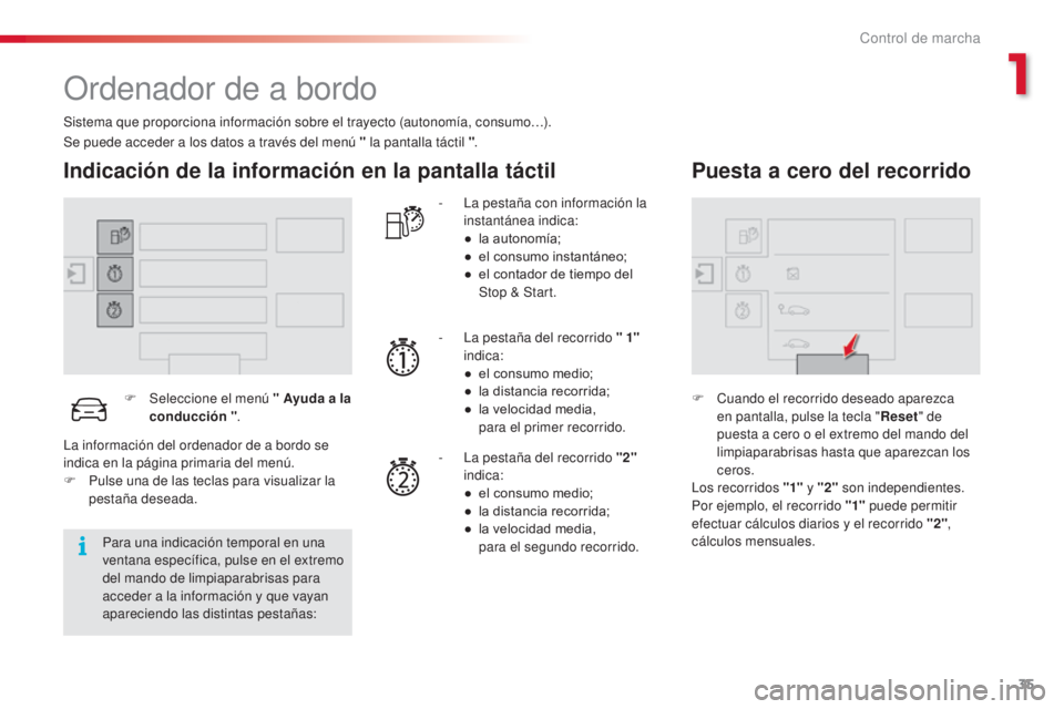 CITROEN C4 CACTUS 2015 Manuales de Empleo (in Spanish) 35
C4_cactus_es_Chap01_controle-de-marche_ed02-2014
Ordenador de a bordo
Sistema que proporciona información sobre el trayecto (autonomía, consumo…).
Indicación de la información en la pantalla CITROEN C4 CACTUS 2015 Manuales de Empleo (in Spanish) 35
C4_cactus_es_Chap01_controle-de-marche_ed02-2014
Ordenador de a bordo
Sistema que proporciona información sobre el trayecto (autonomía, consumo…).
Indicación de la información en la pantalla