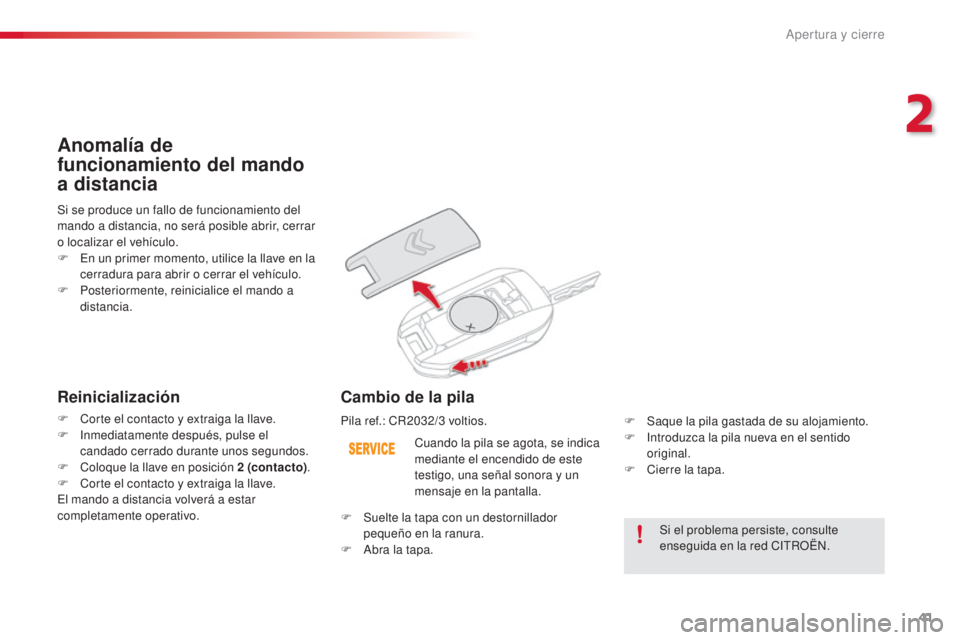 CITROEN C4 CACTUS 2015 Manuales de Empleo (in Spanish) 41
C4_cactus_es_Chap02_ouvertures_ed02-2014
Si el problema persiste, consulte
enseguida en la red CitR OËn.
C
uando la pila se agota, se indica
mediante el encendido de este
testigo, una señal so CITROEN C4 CACTUS 2015 Manuales de Empleo (in Spanish) 41
C4_cactus_es_Chap02_ouvertures_ed02-2014
Si el problema persiste, consulte
enseguida en la red CitR OËn.
C
uando la pila se agota, se indica
mediante el encendido de este
testigo, una señal so