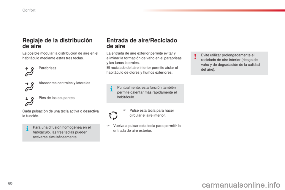 CITROEN C4 CACTUS 2015  Manuales de Empleo (in Spanish) 60
C4_cactus_es_Chap03_confort_ed02-2014
Reglaje de la distribución 
de aire
la entrada de aire exterior permite evitar y 
eliminar la formación de vaho en el parabrisas 
y las lunas laterales.
el r