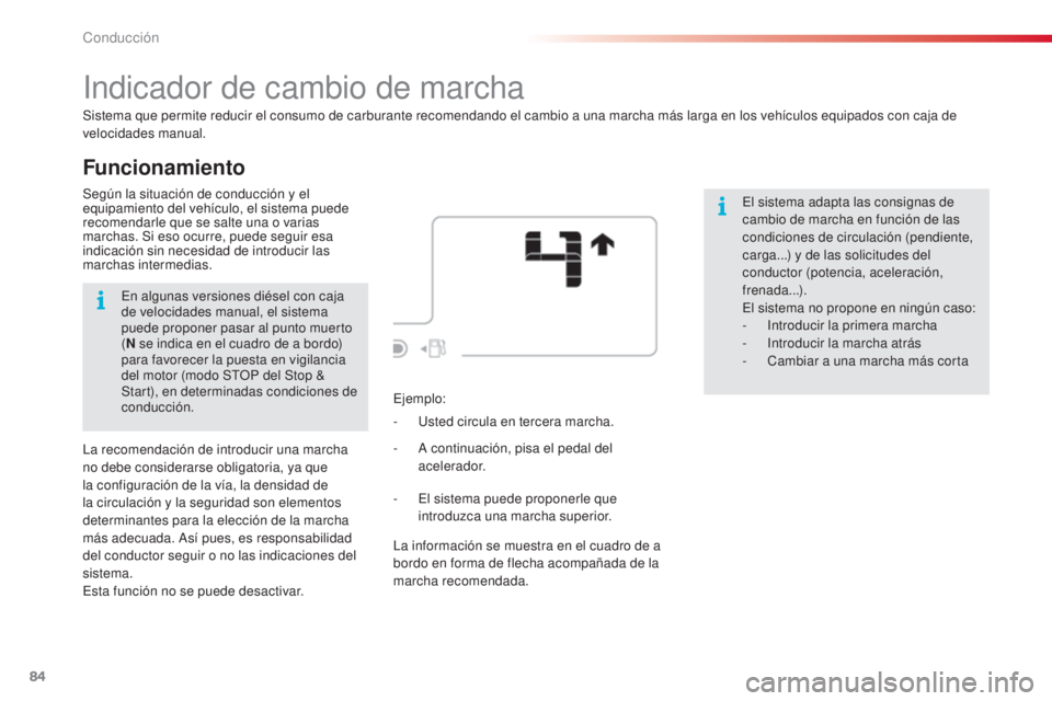 CITROEN C4 CACTUS 2015 Manuales de Empleo (in Spanish) 84
C4_cactus_es_Chap05_conduite_ed02-2014
Funcionamiento
indicador de cambio de marcha
Sistema que permite reducir el consumo de carburante recomendando el cambio a una marcha más larga en los vehíc CITROEN C4 CACTUS 2015 Manuales de Empleo (in Spanish) 84
C4_cactus_es_Chap05_conduite_ed02-2014
Funcionamiento
indicador de cambio de marcha
Sistema que permite reducir el consumo de carburante recomendando el cambio a una marcha más larga en los vehíc