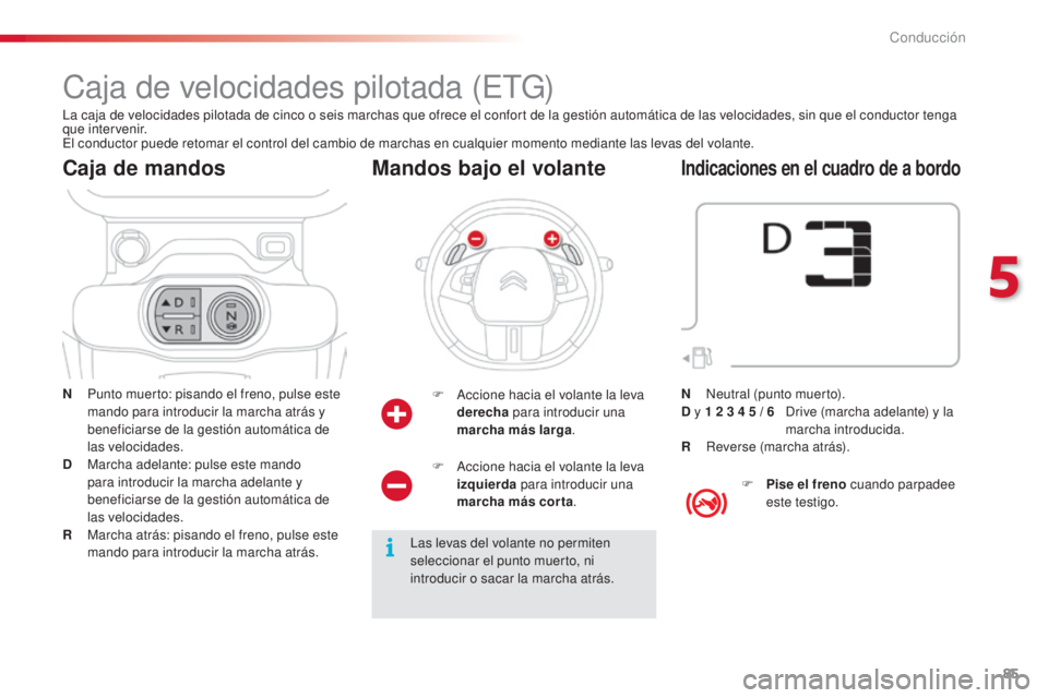 CITROEN C4 CACTUS 2015 Manuales de Empleo (in Spanish) 85
C4_cactus_es_Chap05_conduite_ed02-2014
Caja de velocidades pilotada (etG )
N Punto muerto: pisando el freno, pulse este
mando para introducir la marcha atrás y
beneficiarse de la gestión autom CITROEN C4 CACTUS 2015 Manuales de Empleo (in Spanish) 85
C4_cactus_es_Chap05_conduite_ed02-2014
Caja de velocidades pilotada (etG )
N Punto muerto: pisando el freno, pulse este
mando para introducir la marcha atrás y
beneficiarse de la gestión autom