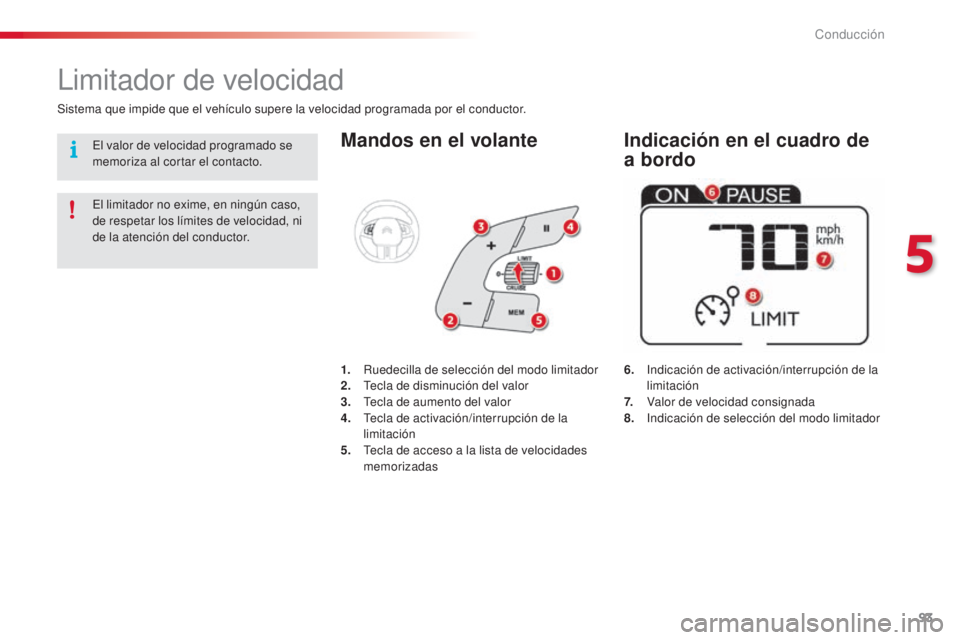 CITROEN C4 CACTUS 2015  Manuales de Empleo (in Spanish) 93
C4_cactus_es_Chap05_conduite_ed02-2014
Mandos en el volante
6.    indicación de activación/interrupción de la 
limitación
7.  
 
V
 alor de velocidad consignada
8.  
  i
n
 dicación de selecci