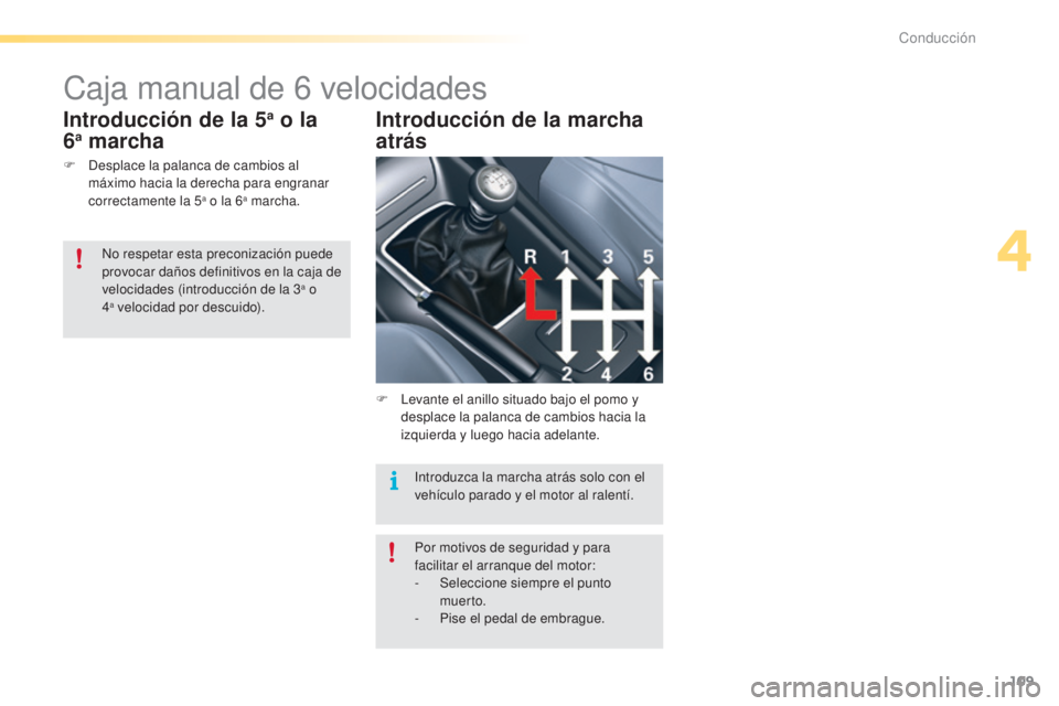 CITROEN C5 2016  Manuales de Empleo (in Spanish) 109
C5_es_Chap04_conduite_ed01-2015
Caja manual de 6 velocidades
F  desplace la palanca de cambios al 
máximo hacia la derecha para engranar 
correctamente la 5
a o la 6a marcha.
Introducción de la 
