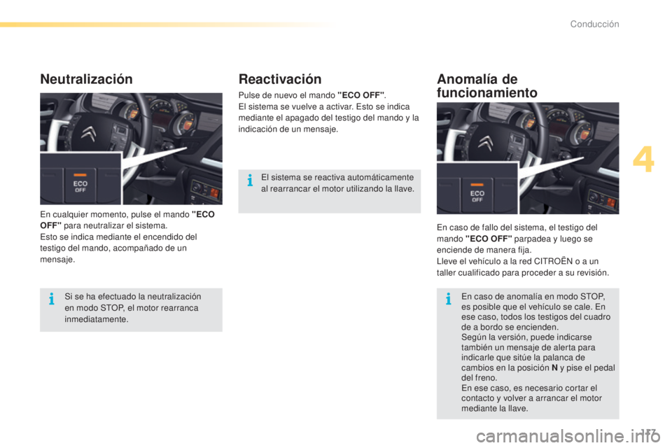 CITROEN C5 2016  Manuales de Empleo (in Spanish) 117
C5_es_Chap04_conduite_ed01-2015
Reactivación
Pulse de nuevo el mando "ECO OFF".el s
istema se vuelve a activar.  es to se indica 
mediante el apagado del testigo del mando y la 
indicaci