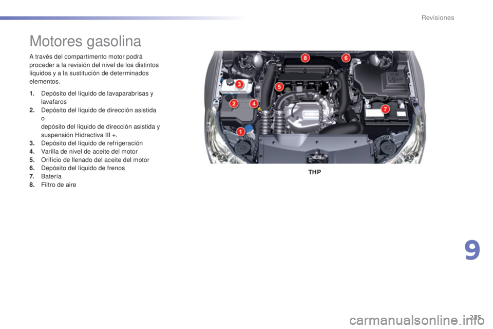 CITROEN C5 2016  Manuales de Empleo (in Spanish) 225
C5_es_Chap09_verification_ed01-2015
a través del compartimento motor podrá 
p roceder a la revisión del nivel de los distintos 
líquidos y a la sustitución de determinados 
elementos.
THP
Mot