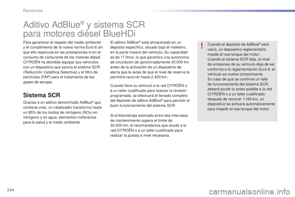 CITROEN C5 2016  Manuales de Empleo (in Spanish) 234
C5_es_Chap09_verification_ed01-2015
aditivo adBlue® y sistema SCR 
para motores diésel BlueH
di
Para garantizar el respeto del medio ambiente 
y el cumplimiento de la nueva norma 
eu ro 6   sin 