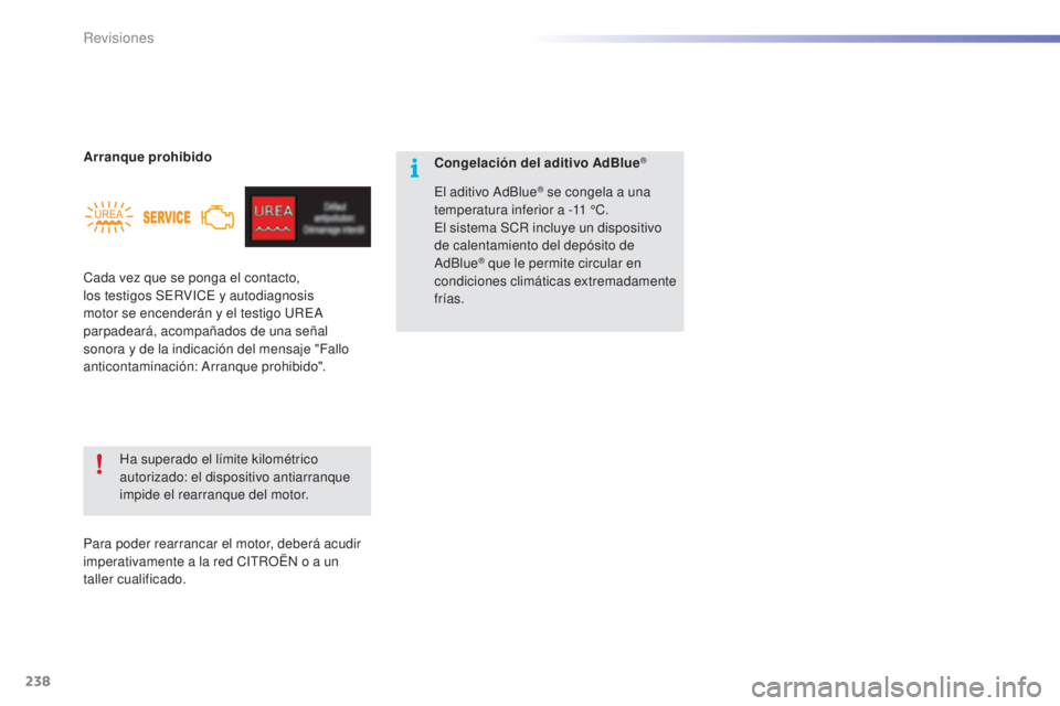 CITROEN C5 2016  Manuales de Empleo (in Spanish) 238
C5_es_Chap09_verification_ed01-2015
Cada vez que se ponga el contacto, 
los testigos SeRViCe  y autodiagnosis 
motor se encenderán y el testigo 
u
Re
 a  
parpadeará, acompañados de una señal 