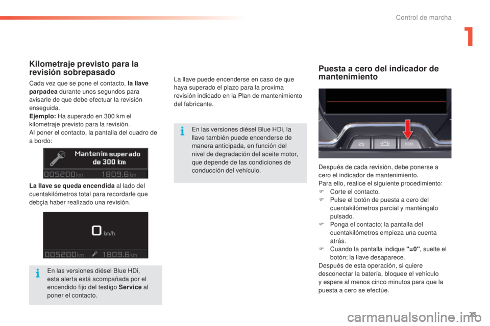 CITROEN C5 2016  Manuales de Empleo (in Spanish) 23
C5_es_Chap01_controle-de-marche_ed01-2015
Puesta a cero del indicador de 
mantenimientoKilometraje previsto para la 
revisión sobrepasado
Cada vez que se pone el contacto, la llave 
parpadea duran