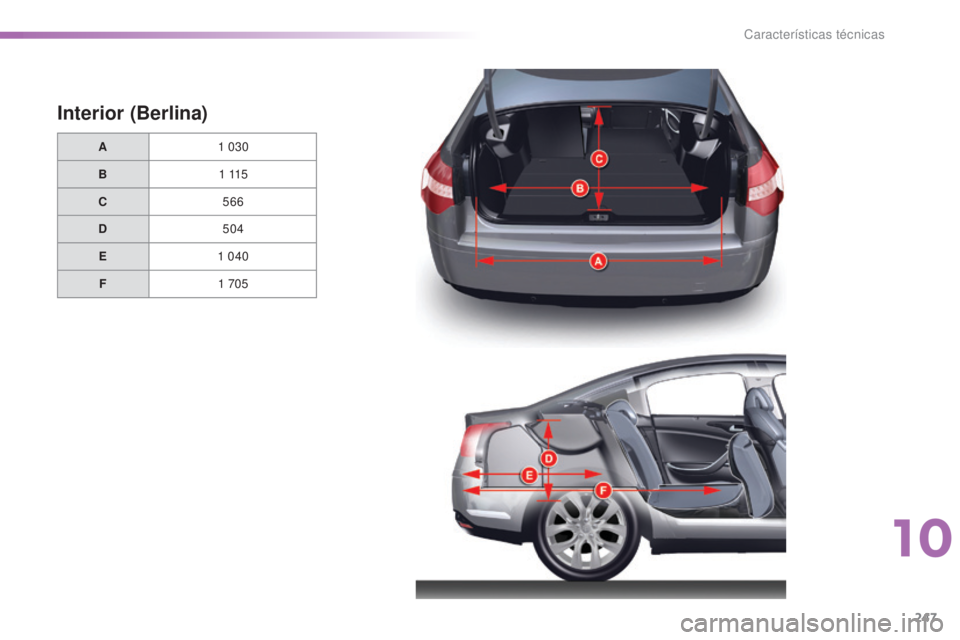 CITROEN C5 2016  Manuales de Empleo (in Spanish) 247
C5_es_Chap10_caracteristique_ed01-2015
Interior (Berlina)
A1   030
B 1
 

115
C 566
D 504
E 1
  040
F 1
 

705
10 
Características técnicas  