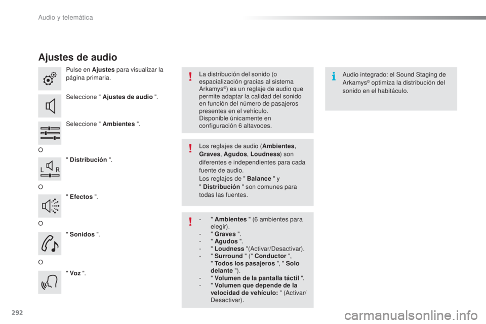 CITROEN C5 2016  Manuales de Empleo (in Spanish) 292
C5_es_Chap11b_SMeGplus_ed01-2015
Ajustes de audio
Pulse en Ajustes para visualizar la 
página primaria.
Seleccione " Ajustes de audio ".
Seleccione " Ambientes  ".
O " Distrib