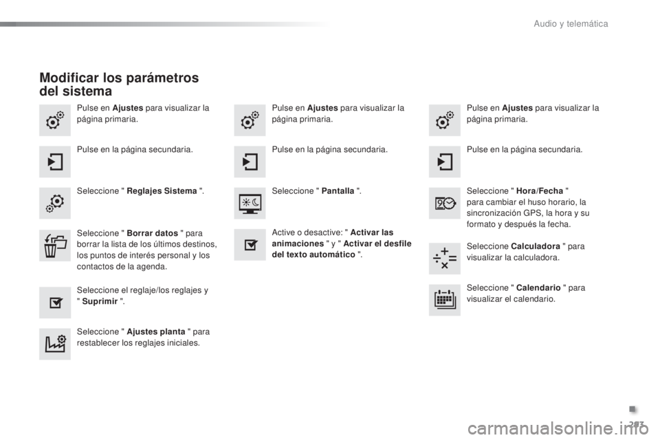 CITROEN C5 2016  Manuales de Empleo (in Spanish) 293
C5_es_Chap11b_SMeGplus_ed01-2015
Pulse en Ajustes para visualizar la 
página primaria. Pulse en Ajustes
 para visualizar la 
página primaria.
Pulse en Ajustes
 para visualizar la 
página primar
