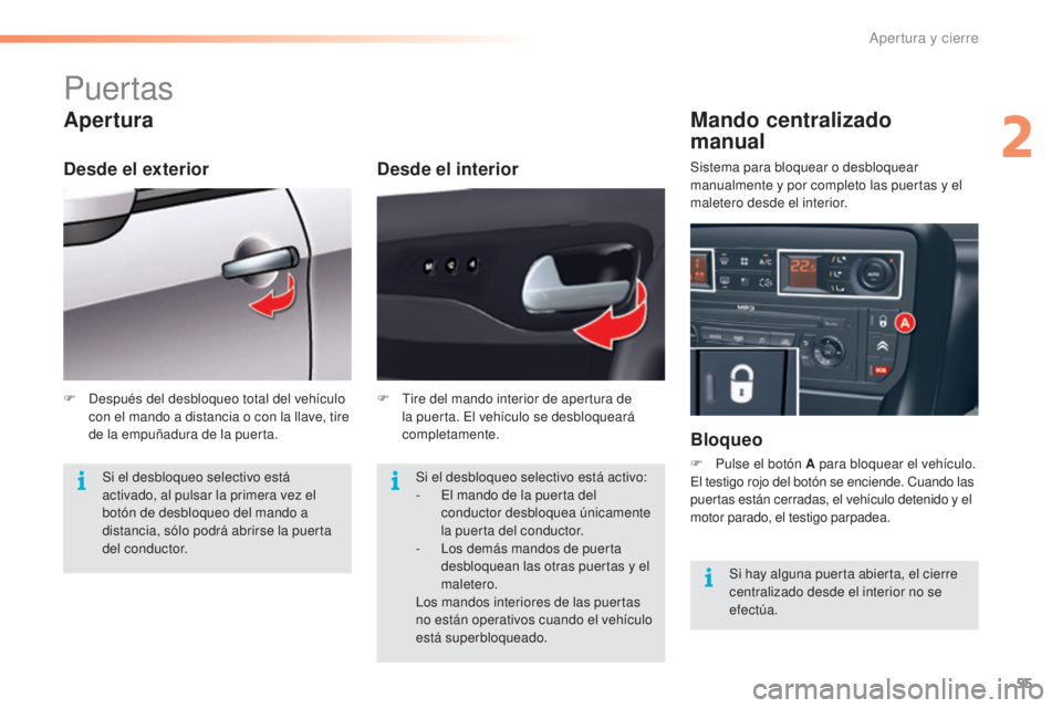 CITROEN C5 2016  Manuales de Empleo (in Spanish) 55
C5_es_Chap02_ouverture_ed01-2015
Puertas
Apertura
Desde el interior
Mando centralizado  
manual
Bloqueo
F Pulse el botón A para bloquear el vehículo.el t
estigo rojo del botón se enciende. Cuand
