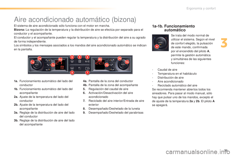 CITROEN C5 2016  Manuales de Empleo (in Spanish) 79
C5_es_Chap03_ergo-et-confort_ed01-2015
aire acondicionado automático (bizona)
el sistema de aire acondicionado sólo funciona con el motor en marcha.
Bizona: 
la r egulación de la temperatura y l