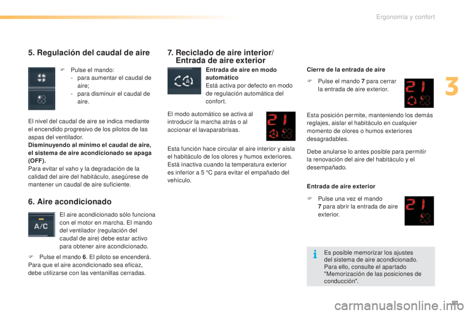 CITROEN C5 2016  Manuales de Empleo (in Spanish) 81
C5_es_Chap03_ergo-et-confort_ed01-2015
5. Regulación del caudal de aire
el nivel del caudal de aire se indica mediante 
el encendido progresivo de los pilotos de las 
aspas del ventilador.
Disminu