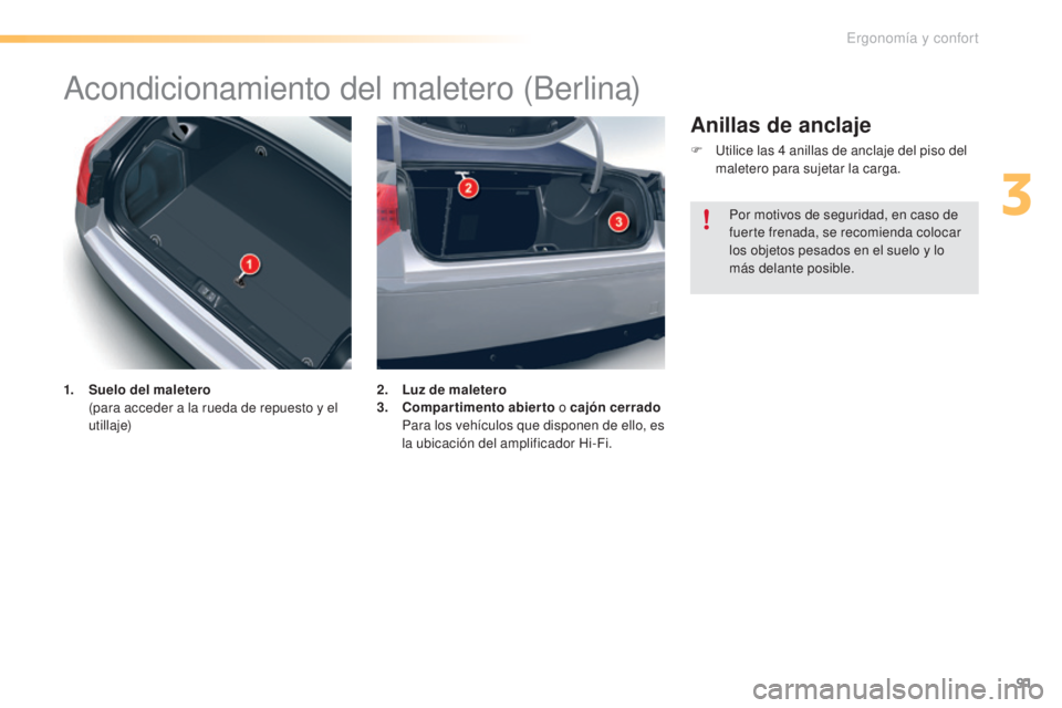 CITROEN C5 2016  Manuales de Empleo (in Spanish) 91
C5_es_Chap03_ergo-et-confort_ed01-2015
acondicionamiento del maletero (Berlina)
1. Suelo del maletero  (para acceder a la rueda de repuesto y el 
utillaje) 2. L
uz de maletero
3. C ompartimento abi