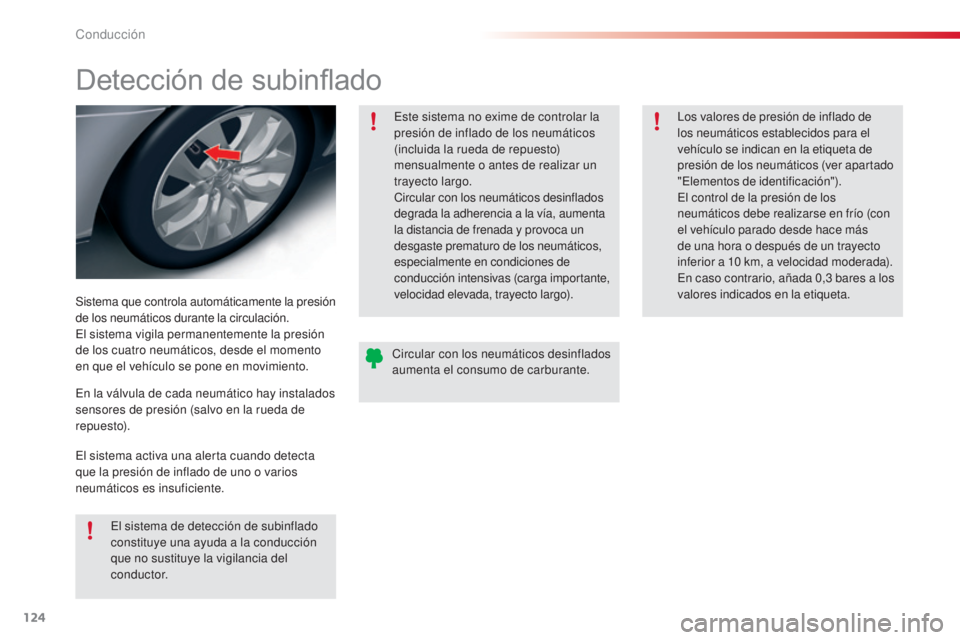 CITROEN C5 2015  Manuales de Empleo (in Spanish) 124
c5_es_c hap04_conduite_ed01-2014
Detección de subinflado
Sistema que controla automáticamente la presión 
de los neumáticos durante la circulación.
el

 sistema vigila permanentemente la pres