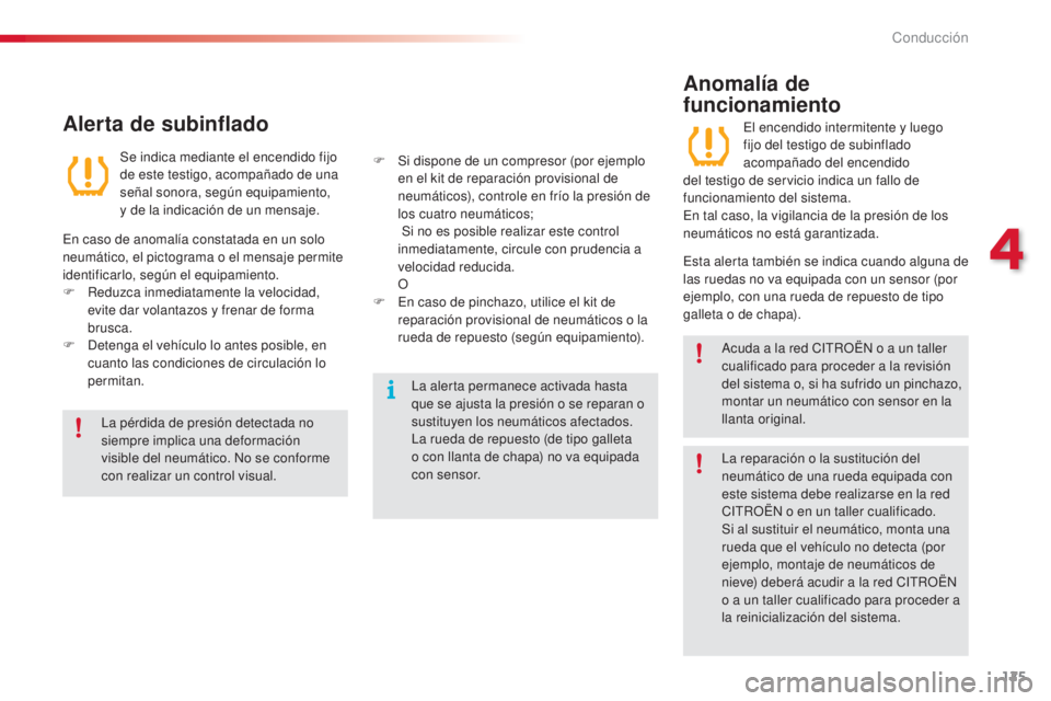 CITROEN C5 2015  Manuales de Empleo (in Spanish) 125
c5_es_c hap04_conduite_ed01-2014
la pérdida de presión detectada no 
siempre implica una deformación 
visible del neumático. 
n
o s
 e conforme 
con realizar un control visual.
la a
 lerta per