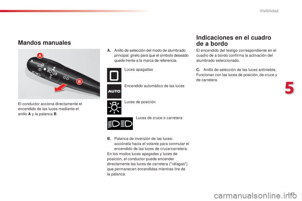CITROEN C5 2015  Manuales de Empleo (in Spanish) 143
C5_es_Chap05_visibilite_ed01-2014
Mandos manuales
luces apagadas
en
cendido automático de las luces
lu

ces de posición
lu

ces de cruce o carretera
B.  
 
P

alanca de inversión de las luces: 