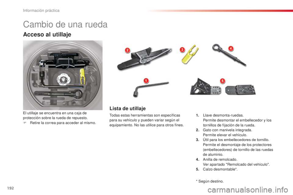 CITROEN C5 2015  Manuales de Empleo (in Spanish) 192
c5_es_c hap08_information_ed01-2014
cambio de una rueda
Acceso al utillaje
el utillaje se encuentra en una caja de 
protección sobre la rueda de repuesto.
F
 
R
 etire la correa para acceder al m